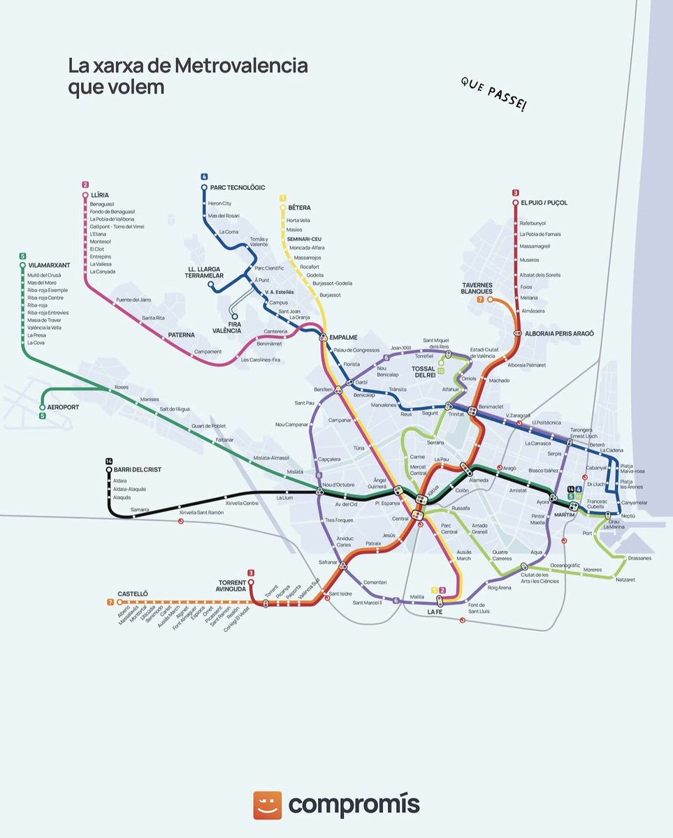 oscaarcaano's tweet photo. @compromis vuelve a presentar su propuesta para metrovalencia: 
sus partes buenas es que se amplíe el metro, en lugar de L11-L12, L6 circular, algo bastante positivo, aunque la L10 en vez de dejarla a Tossal, la hubiera llevado por el norte a Empalme y tossal como ramal L10 https://t.co/rzs2ZcZpYu