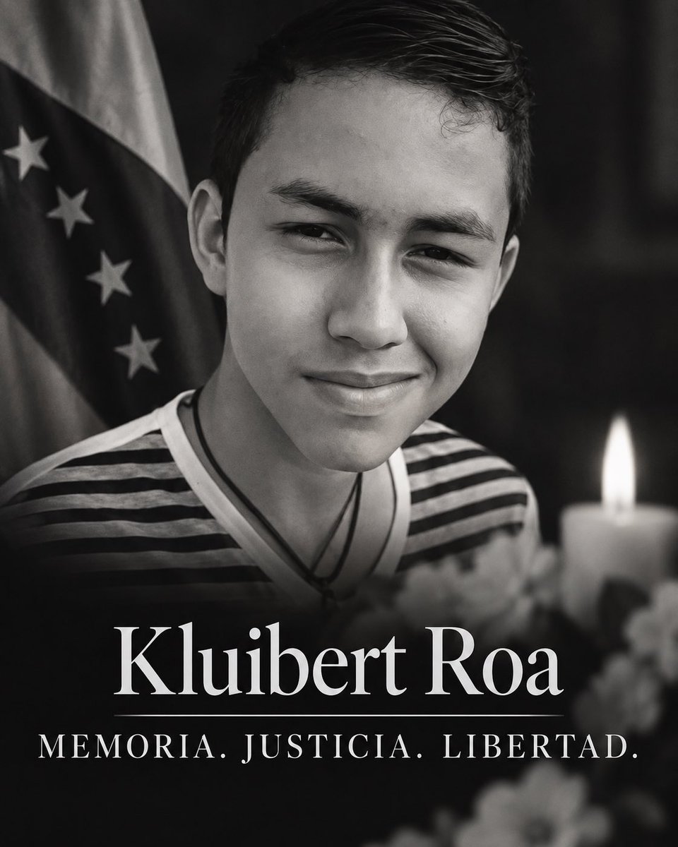 RepCarlos's tweet photo. Hoy recordamos a Kluibert Roa.

Tenía apenas 14 años cuando murió durante una protesta en Táchira en 2015, asesinado por un funcionario de la Policía Nacional Bolivariana.

Mientras Delcy Rodríguez está en Nueva York, nosotros NO olvidamos a las víctimas de la represión en Venezuela.

Memoria. Justicia. Libertad. 🇻🇪