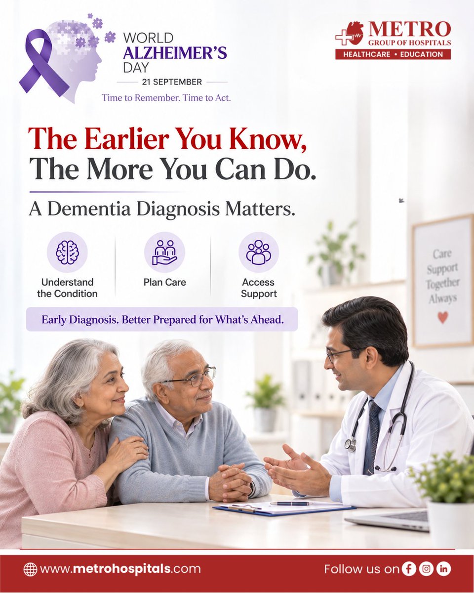 MetroFHospital's tweet photo. On World Alzheimer’s Day, Metro Hospital emphasises the importance of timely recognition and diagnosis of dementia-related changes.
An early diagnosis can help families better understand the condition, plan appropriate care, access the right support, and prepare more confidently for the journey ahead. Persistent changes in memory, thinking, behaviour, or daily functioning should not be overlooked.
The earlier you know, the more you can do.

#WorldAlzheimersDay #DementiaAwareness #EarlyDiagnosis #MemoryCare #MetroHospital