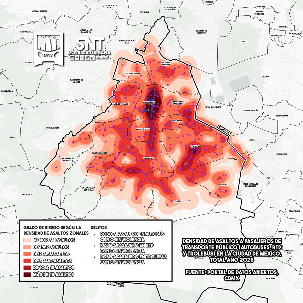 SntVTC's tweet photo. Estos son los corredores con mayor robo a pasajeros del transporte público en la CDMX 🚍

En este mapa podemos detectar cuáles son los principales puntos de riesgo y corredores donde hay una mayor incidencia de estos delitos con o sin uso de la violencia.

🧵1/5 https://t.co/iMOsipp7Ip