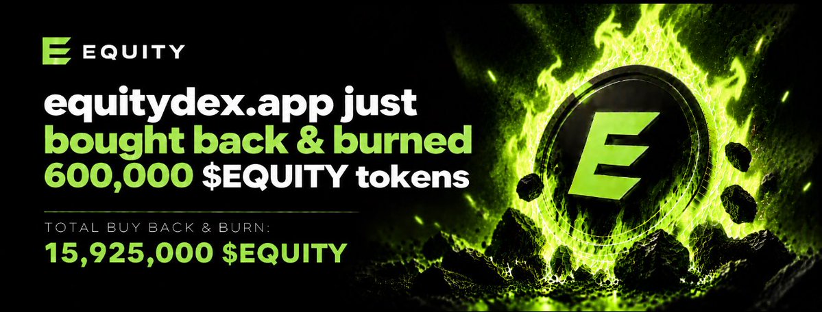 Equity_app's tweet photo. :> We just did round #13 of buy-back &amp; burn using https://t.co/htSIKaWd0g fees for a total of 600,000 $EQUITY tokens.

🔥 Total: 15,925,000 $EQUITY has been burned. https://t.co/QhHONtPdMe