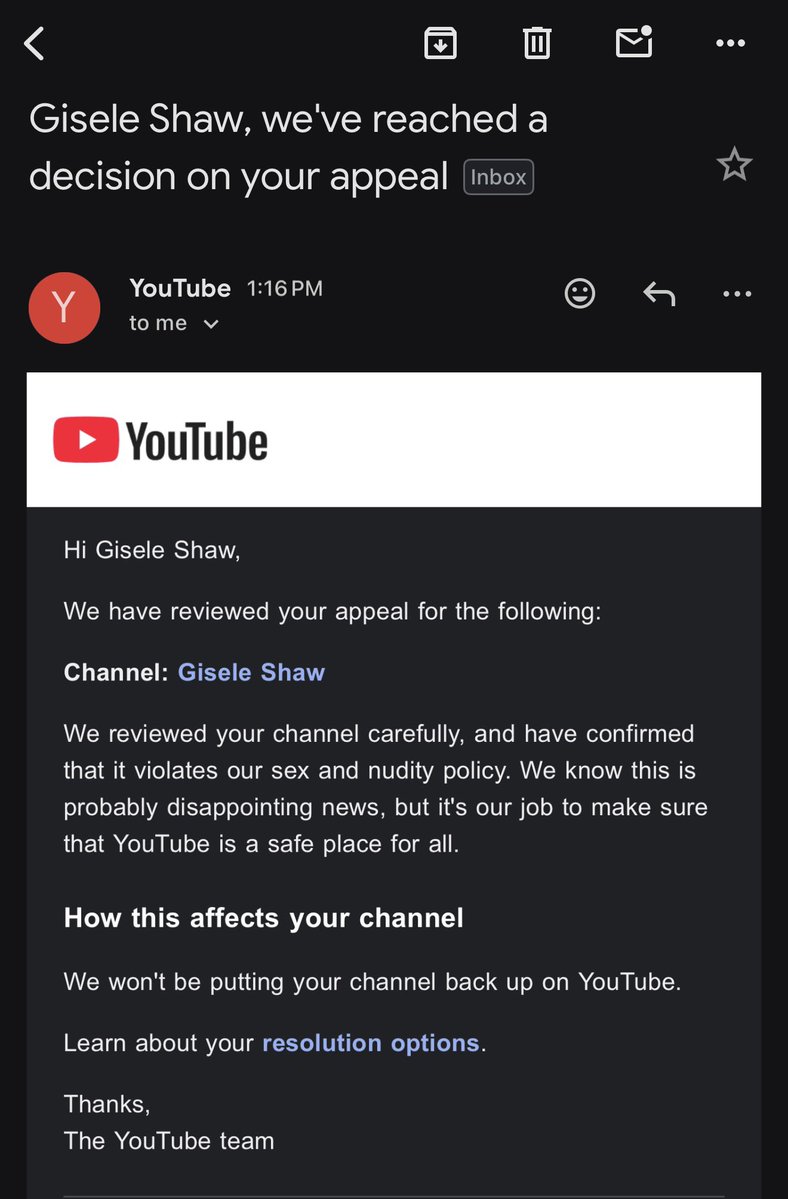 GiseleShaw08's tweet photo. Hey @YouTube, @TeamYouTube Can you make this make sense please? How could I violate your sex and nudity policy when I haven’t posted any content on my channel? I’d really like my channel reinstated please. https://t.co/O2j2n4x3nH