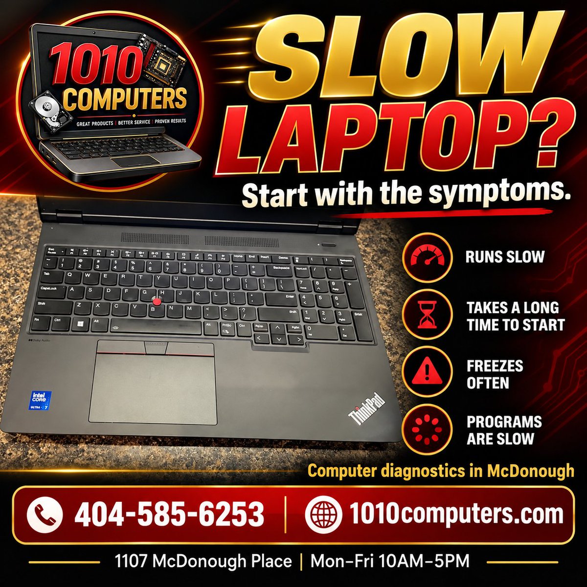 1010Computers's tweet photo. Slow laptop? Ask 1010Computers about diagnostics and upgrade options in McDonough. Mon–Fri 10AM–5PM.

1010Computers | 404-585-6253
1107 McDonough Place
#McDonough #ComputerRepair https://t.co/PTkvAsNKNT