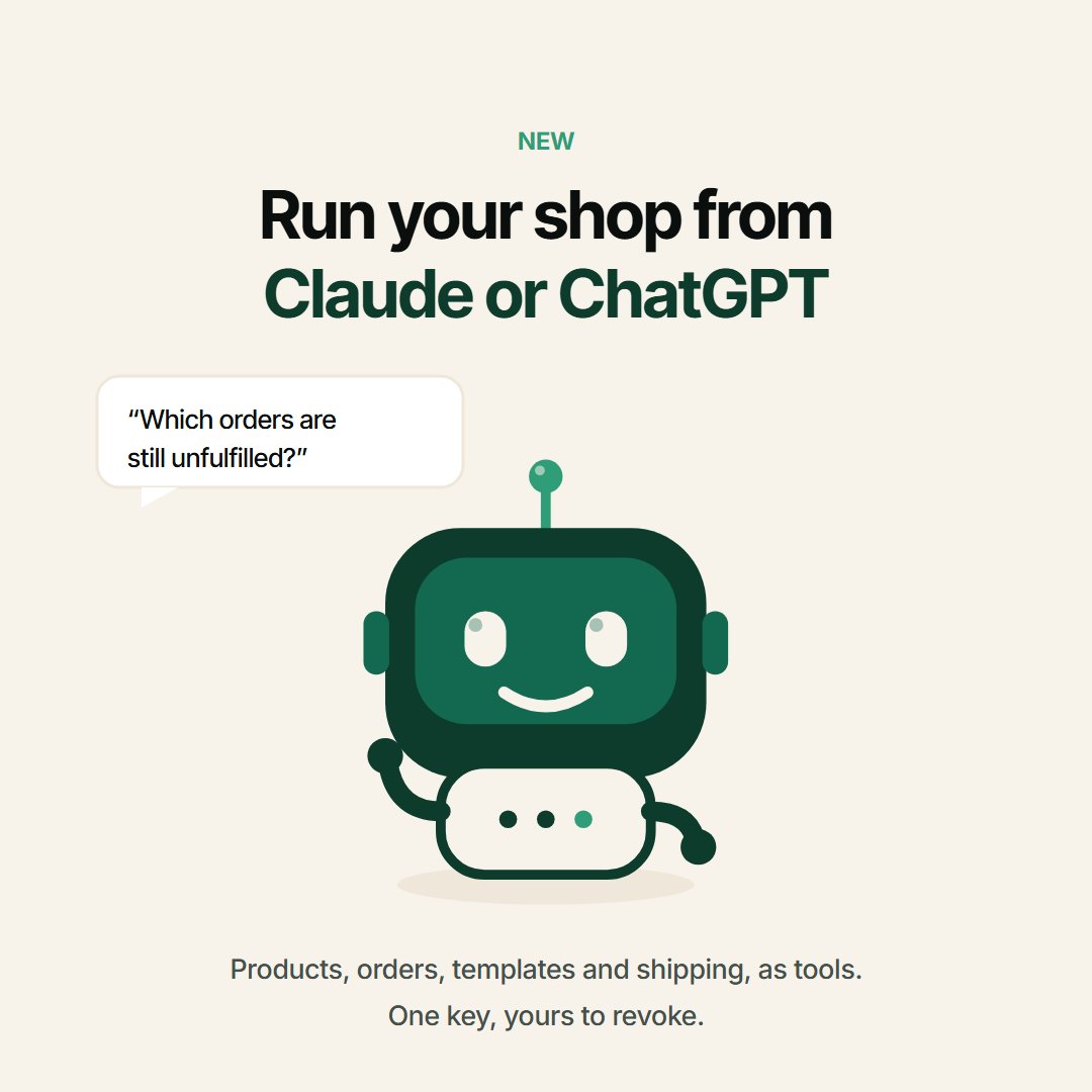 Banzenaplatform's tweet photo. Your shop now runs from Claude or ChatGPT.

Products, orders, collections, templates and shipping are tools your assistant can use. "List my unfulfilled orders." "Put the hoodie up to 72."

One key, one shop, revoke it whenever.

https://t.co/JWMgjl5FoD https://t.co/L76ykUIxxV
