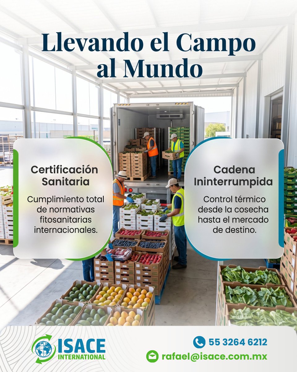 IsaceInt's tweet photo. Exportar productos agrícolas exige certificaciones sanitarias oportunas y una cadena de frío impecable para garantizar su frescura. En ISACE International coordinamos tu logística para que el campo mexicano llegue al mundo entero. Contáctanos para asegurar tu carga. 🥑🚛 https://t.co/a1UnonvYez