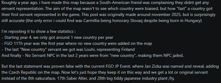 LadyLavandiere's tweet photo. Screenshot of a post i made on reddit, but basically Jan Zizka is the first servant in 2 years (since Louhi) to represent a new country in FGO, NPC included https://t.co/QpIr8xR4aW