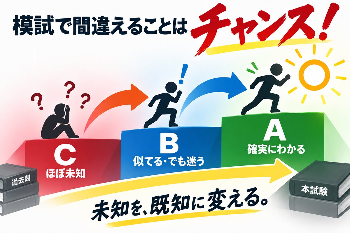 shuzou643's tweet photo. 過去問は解ける。でも模試になると点が取れない。

初見問題は3つに分ける。

A｜確実にわかる → 即答
 B｜過去問に似ている →「何が変わった？」
 C｜ほぼ未知 → 知っている肢から削る
全部知ろうとしない。
 未知の中から「既知」を探す。
模試でB・Cに出会えたらチャンス。

CをBへ。BをAへ。 https://t.co/QyjsTwxGEX