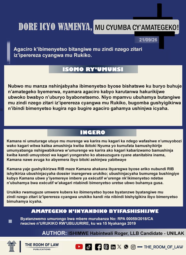 THE_ROOM_OF_LAW's tweet photo. PUB 037.S26.RGR - Agaciro k’ibimenyetso bitangiwe mu zindi nzego zitari iz’iperereza cyangwa mu Rukiko.

Bana natwe, Biroroshye Biraryoshye!

EN: The Value of Evidence Given in Other Entities Outside Investigation Organs or the Court

Stay with us, It’s easy and engaging! https://t.co/YXlIVRppEN