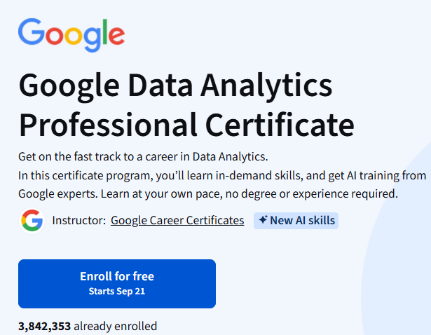 clcoding's tweet photo. 🚀 Google Data Analytics Professional Certificate — Enroll for FREE! 

Want to start your career in Data Analytics without a degree or prior experience? 

 Google Data Analytics Professional Certificate

 Enroll for FREE and start learning!

What you'll learn:

✅ Data Analytics Fundamentals
✅ SQL & Spreadsheets
✅ Data Cleaning & Preparation
✅ Data Visualization
✅ AI Skills from Google Experts

Learn at your own pace
 Beginner-friendly course
 Build job-relevant data analytics skills

 Enroll for FREE and take your first step toward a career in Data Analytics!

 Enroll Here: https://t.co/BsCaKhGSuE