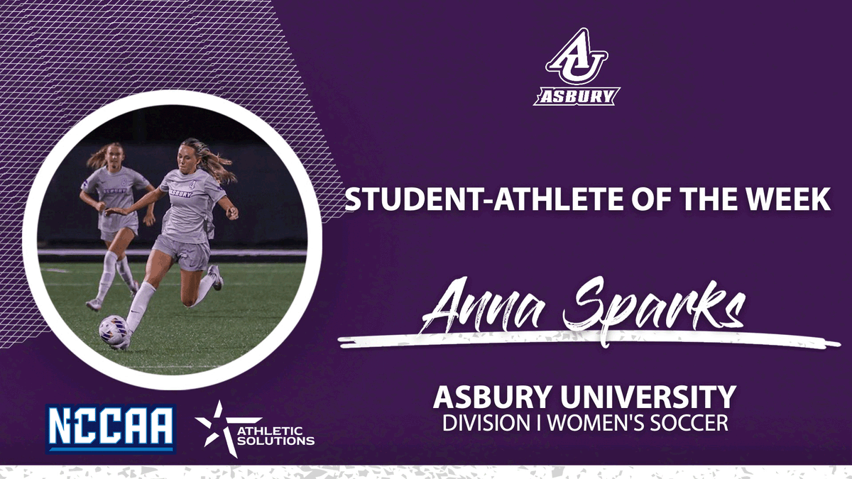 TheNCCAA's tweet photo. ⚽️ Student-Athlete of the Week ⚽️
Presented by @ath_solutions
Division I Women's #NCCAASoccer - Offensive
𝐀𝐧𝐧𝐚 𝐒𝐩𝐚𝐫𝐤𝐬, Asbury University
https://t.co/GE7noYGuvz | #PlayforHim https://t.co/9xBpG1P14k