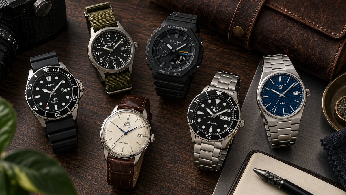 The_All_Guy's tweet photo. Looking for a great everyday watch without spending $1,000+?

I rounded up 10 of the best watches under $500 in 2026 from Casio, Timex, G-Shock, Citizen, Orient, Seiko, Bulova, and Tissot.

Full guide:
 https://t.co/xo01h6QjN4
What’s your favorite watch under $500? https://t.co/d9xVpPzfVJ