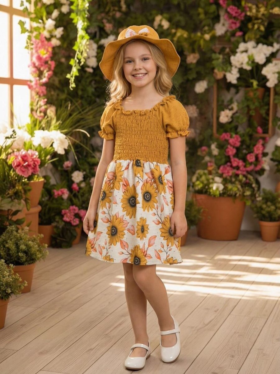 estrelaedi's tweet photo. Bloom in sunflower sunshine with this sweet smocked dress and matching hat. Bright, joyful style for ages 4–8. DM or WhatsApp 78 868 280 to order. https://t.co/Cyqd5jRVUf