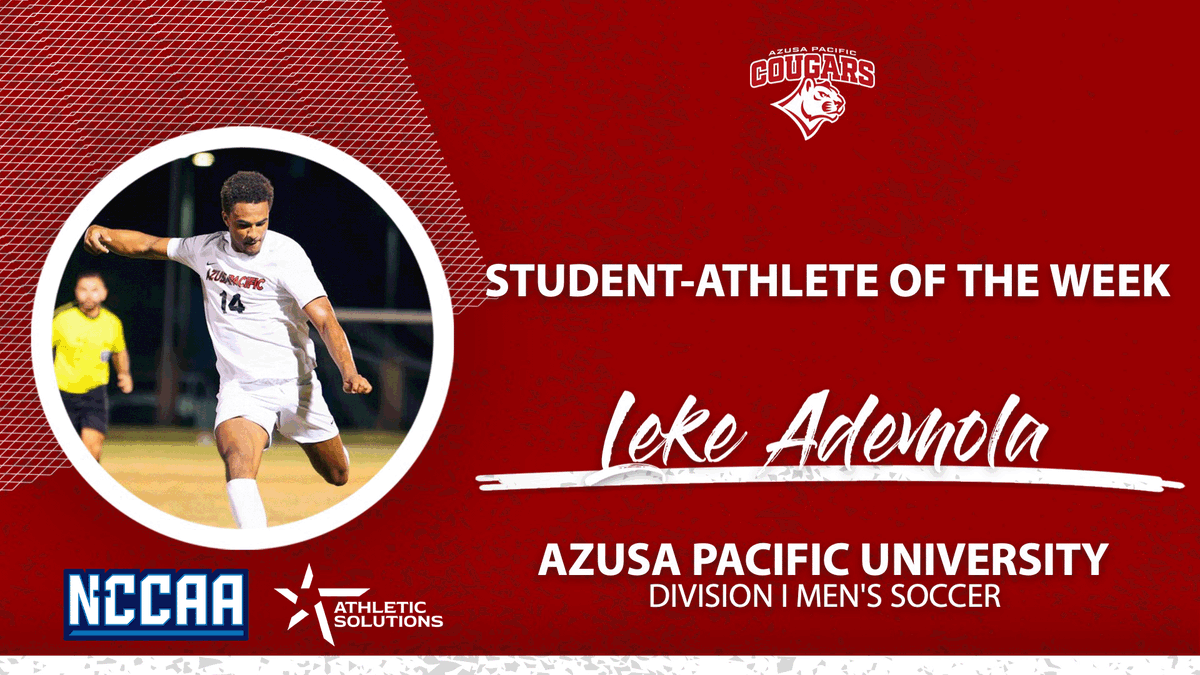 TheNCCAA's tweet photo. ⚽️ Student-Athlete of the Week ⚽️
Presented by @ath_solutions
Division I Men's #NCCAASoccer - Offensive
𝐋𝐞𝐤𝐞 𝐀𝐝𝐞𝐦𝐨𝐥𝐚, Azusa Pacific University
https://t.co/GjtRfhq4Gx | #PlayforHim https://t.co/23BYdzw0pq
