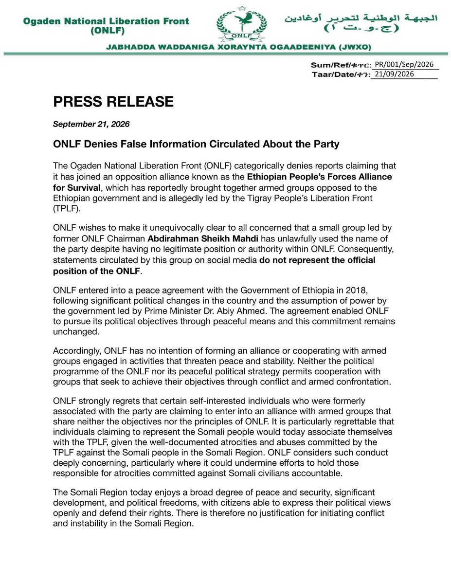 AhmedOnlf's tweet photo. The ONLF has denied joining an Ethiopian armed group. https://t.co/rhKAsx1fVO