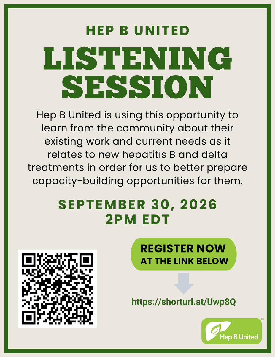 HepBUnited's tweet photo. HBU is hosting a listening session to learn from the community about their existing work and current needs as it relates to new hepatitis B and Delta treatments.
Wed, Sept. 30 at 2 p.m. ET
https://t.co/TWkGV7pPWt https://t.co/jfGkKjOHWk