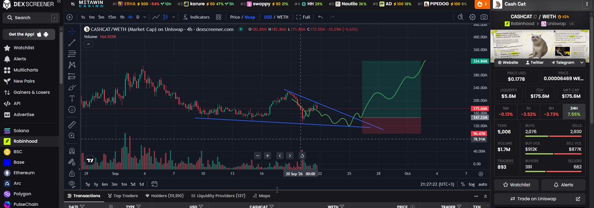 CryptoDeatcyen's tweet photo. The name they buried is still on the board.

$CASHCAT
$175M
111k holders
$5.6M liquidity
$1.7M volume on a quiet 4h tape

Look at the structure.
Lower highs into a tightening range.
Two blue lines pressing price into the $160–175M pocket.
The chart already drew both endings: $96M if it loses the shelf, $325M if it breaks the lid.

This isn’t a new meme hunting a narrative.
This is the original name of Robinhood, living on Robinhood’s chain, compressing after the first real expansion.

Sells are winning the last few hours.
That’s the shake.
The story didn’t leave.

They rejected Cash Cat.
The chart is still deciding whether the market does too.