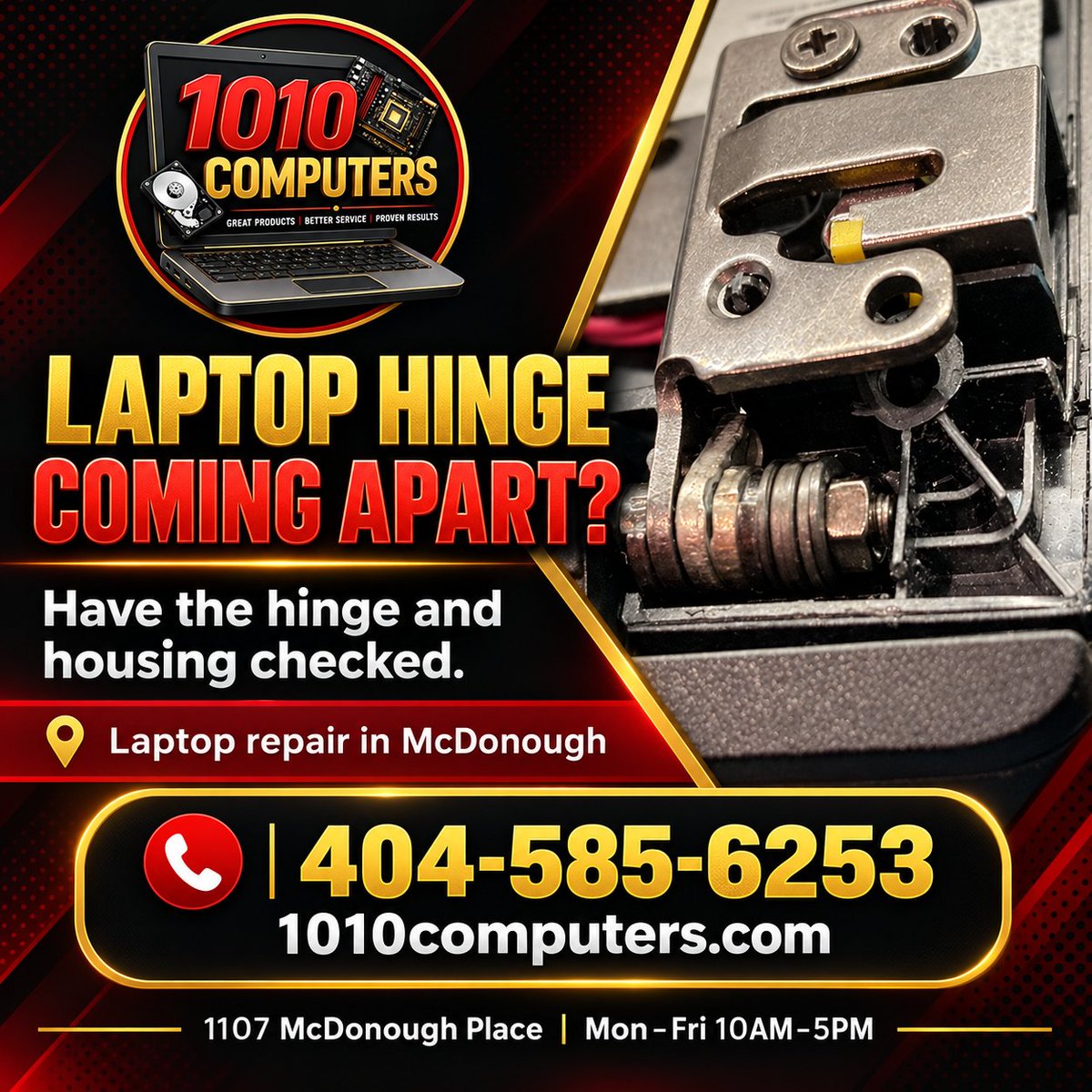 1010Computers's tweet photo. Laptop hinge coming apart? Ask about hinge and housing inspection in McDonough. Mon–Fri 10AM–5PM.

1010Computers | 404-585-6253
1107 McDonough Place
#McDonough #ComputerRepair https://t.co/88vp3t5Fin