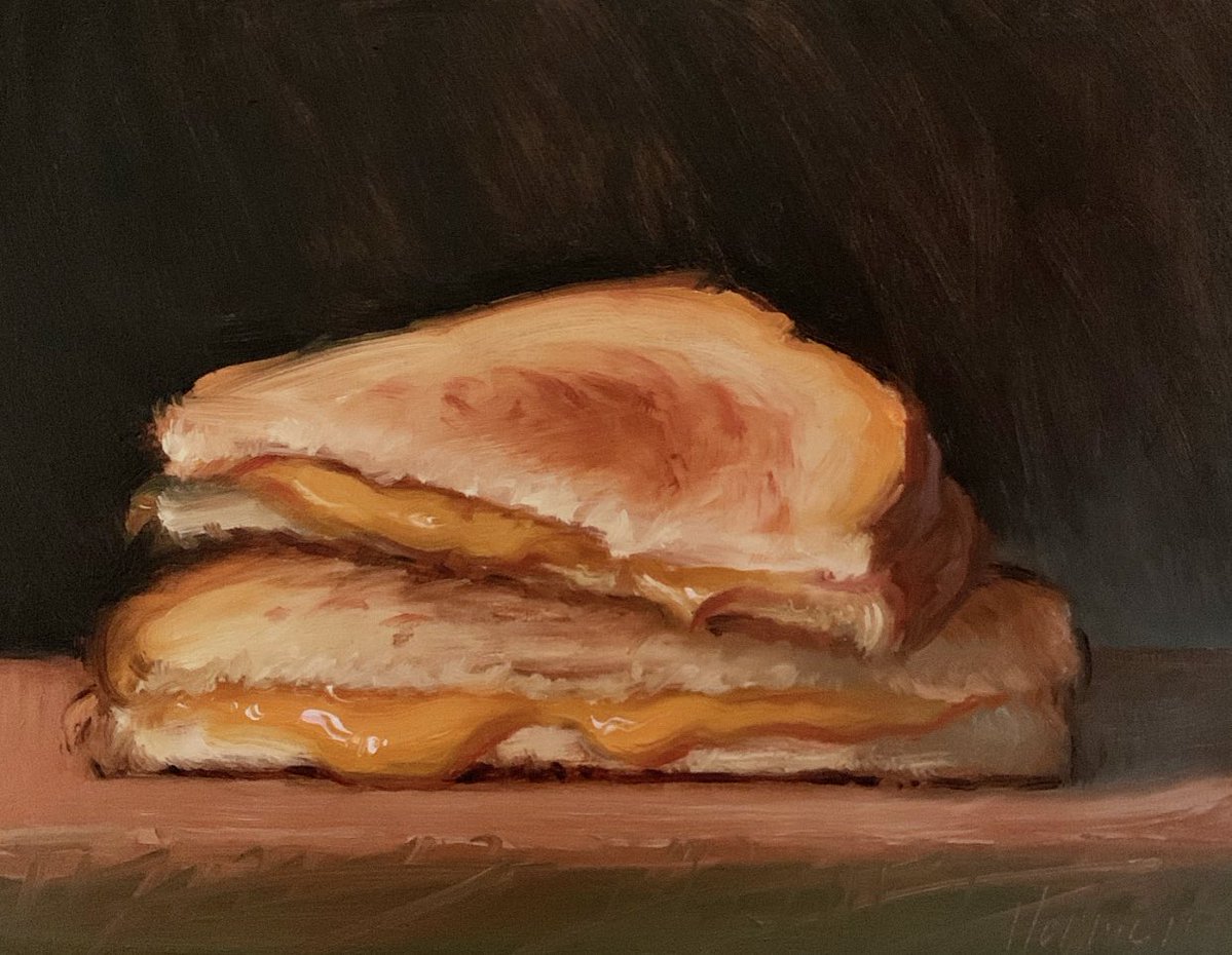 NoahVerrier's tweet photo. My oil painting of a grilled cheese sandwich https://t.co/LXrBsKoSb6
