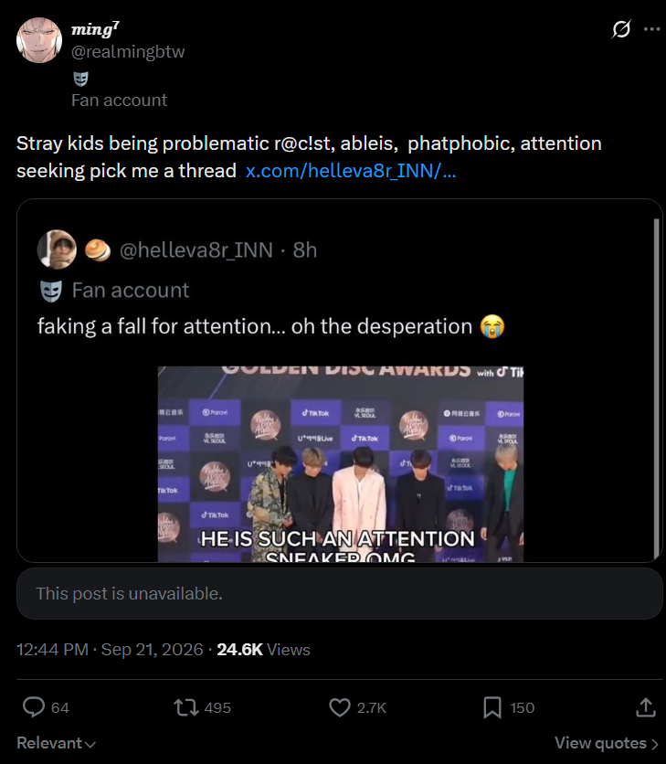 Chan_Protection's tweet photo. 🚨 | PLEASE report and block this account that has been setting BC up for hate. 

Report (@helleva8r_INN ) for HARRASMENT 
Report (@akgaepop and  @realmingbtw ) for HARASSMENT‼️

‼️BLOCK &amp; DO NOT INTERACT https://t.co/ADy6JbjslU