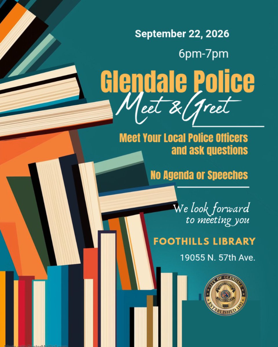 GlendaleAZPD's tweet photo. Let’s Connect!  Tomorrow, Sept 22nd, join us at Foothills Library from 6 to 7 PM for a chance to meet your GPD officers! This is a great opportunity to discuss community concerns &amp; get to know the faces behind the badge. Your voice matters. #GlendalePolice #BeGPD #GlendaleAZPD https://t.co/S46bkJiQ1c
