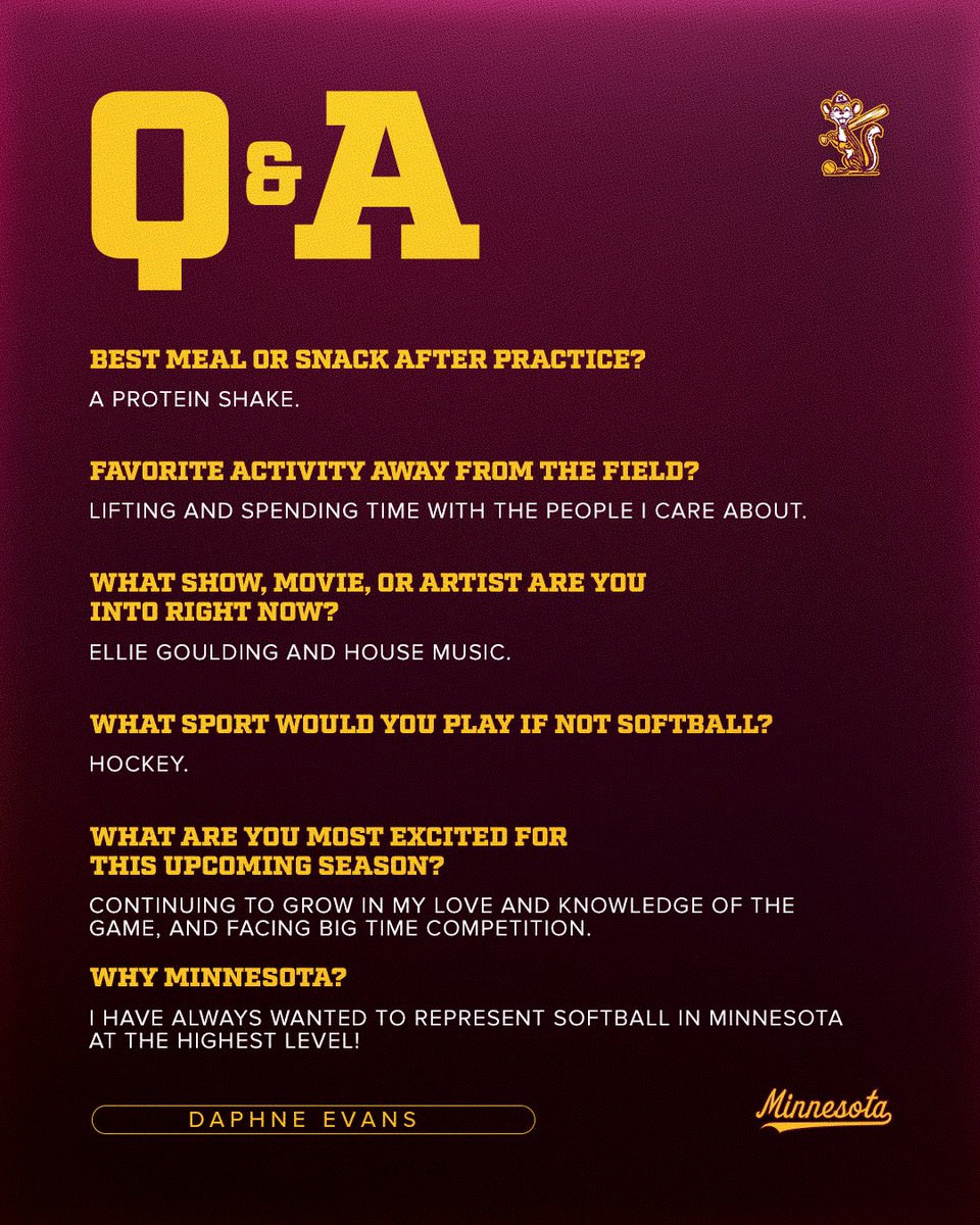 GopherSoftball's tweet photo. Meet the newcomers: Daphne Evans 〽️

#GSB | #SkiUMah https://t.co/NEuicI6ToZ