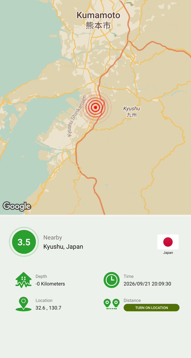 ZAMYAD_APP's tweet photo. Kyushu, Japan
Magnitude: 3.5
Depth: -0 Kilometers
Location: 32.6 , 130.7
Time: 2026/09/21 16:39:30 (GMT)

Zamyad Earthquake Tracker
Free Download:
https://t.co/RJ4yLcGBOL

#Earthquake #Japan #Earthquake_Tracker #zamyad https://t.co/8IGLyNvE3T