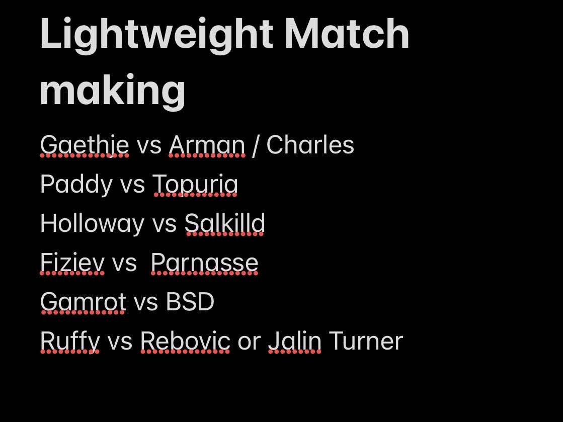 UrMothersUFC's tweet photo. What are we
thinking about these matchups?? I believe Charles is in such a weird spot especially after this weekend with Arman’s performance and Topuria being being former champ, not to mention lost to both of the number 1 contenders in the division. https://t.co/jJ3Oolb4Rk