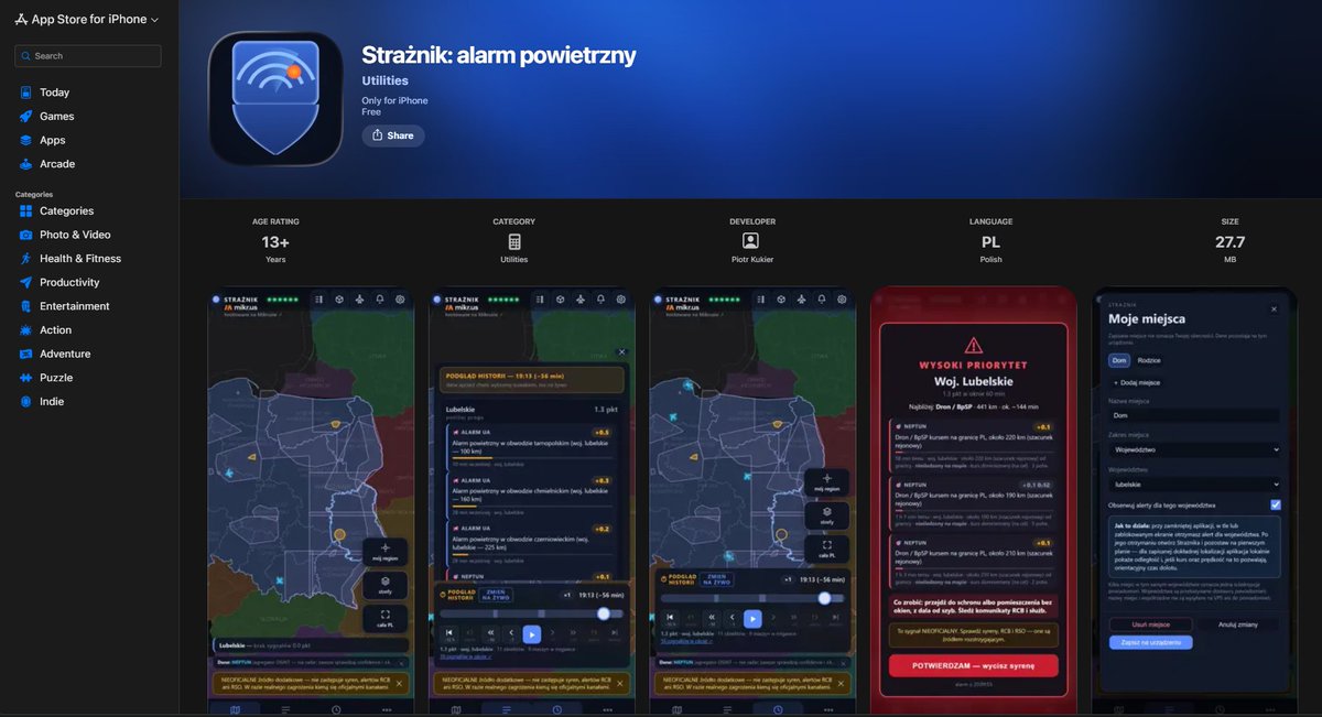 cukierrro's tweet photo. 📱 Strażnik jest już w App Store!

Mapa zagrożeń z powietrza i alarmy dla Twojego województwa - teraz także na iPhone'a. 
Za darmo, bez reklam.

⬇ iOS: https://t.co/OnqhcpTJft
⬇ Android i mapa: https://t.co/IQkKNbc8Vm
To źródło dodatkowe - nie zastępuje syren ani Alertu RCB. https://t.co/BSHTgppLtU