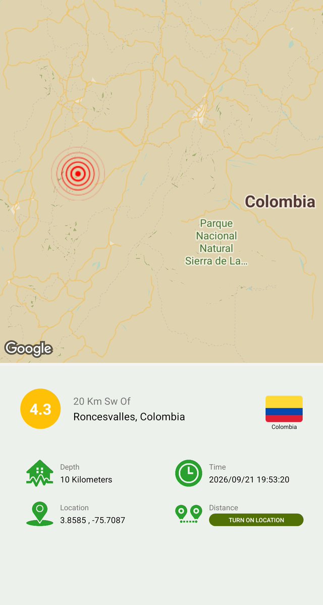 ZAMYAD_APP's tweet photo. 20 Km Sw Of Roncesvalles, Colombia
Magnitude: 4.3
Depth: 10 Kilometers
Location: 3.8585 , -75.7087
Time: 2026/09/21 16:23:20 (GMT)

Zamyad Earthquake Tracker
Free Download:
https://t.co/RJ4yLcGBOL

#Earthquake #Colombia #Earthquake_Tracker #zamyad https://t.co/5u957REG1i