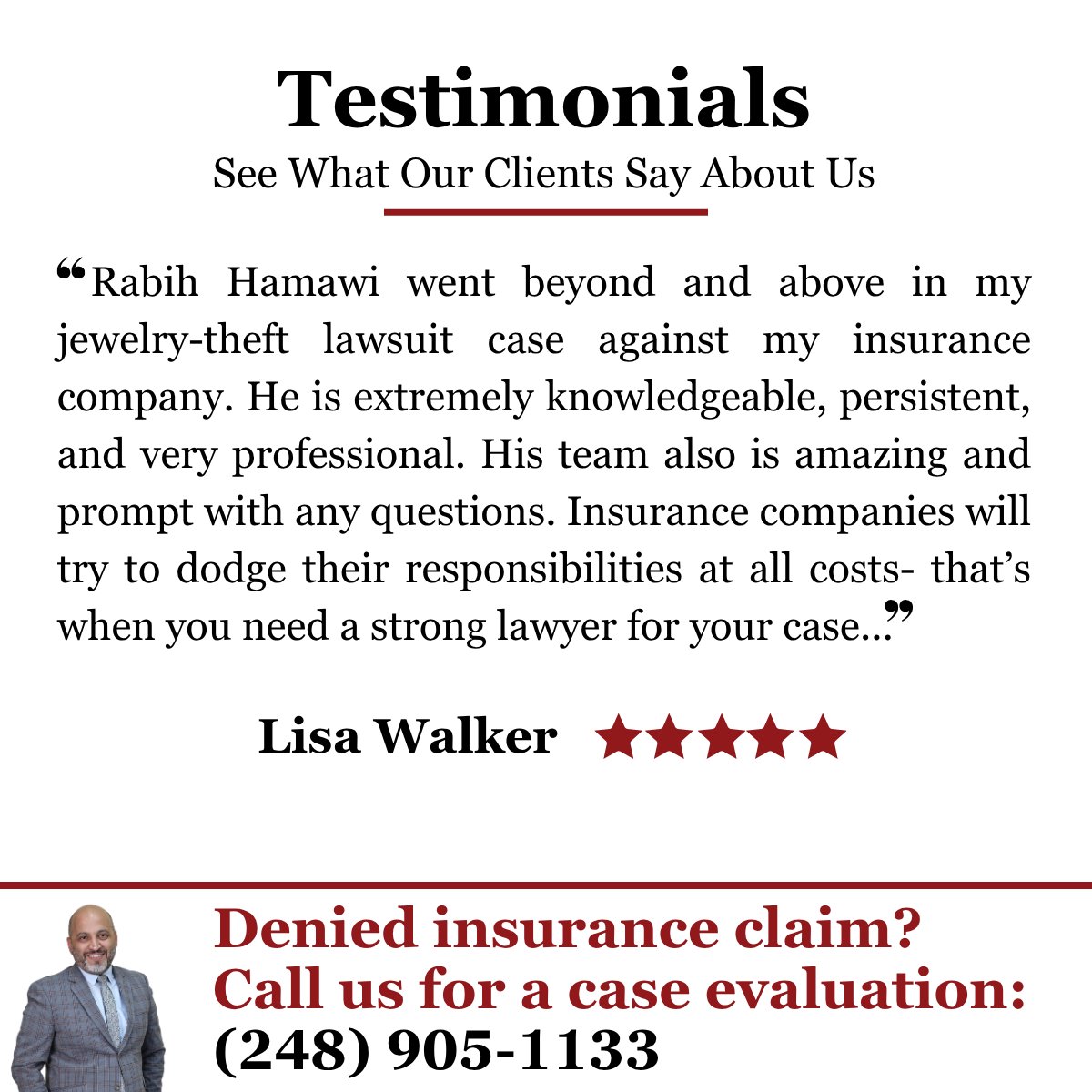 RabihHamawi's tweet photo. Lisa Walker โ 5 Star Review.
๐https://t.co/iu1w9UZyPc
#lawofficeofrabihhamawi #michiganinsuranceattorney #insuranceclaimattorney #attorneyrabihhamawi #michiganattorney #insurancelawyer #insurancecoverageattorney #michiganinsurancelawyer #insuranceclaimdispute https://t.co/BAqFdQicuJ