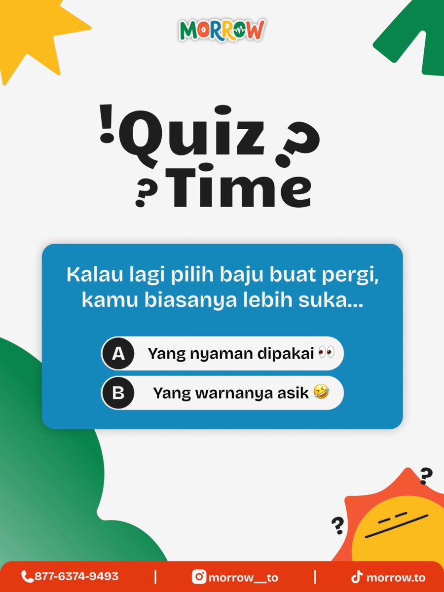 Laaari35's tweet photo. Quiz Time

Kalau pilih outfit buat jalan, kamu lebih suka
A. Nyaman dipakai
B. Warnanya menarik

Tulis jawabanmu di komentar! https://t.co/DB7lr5llWd