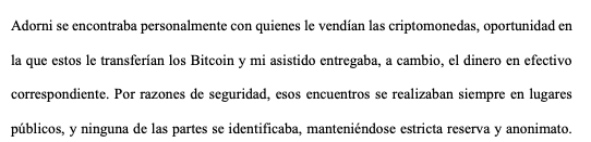 fergmolina's tweet photo. Adorni declaró que se encontraba con desconocidos que le vendían Bitcoin en lugares públicos por seguridad y les entregaba el dinero en efectivo

En Junio del 2017, en unas de las wallets declarada, se ve una transferencia de 40 BTC con un valor de ~110 mil dólares. Es decir, Adorni se habría juntado con un desconocido en la vía pública y le habría entregado un paquete con 110 mil dólares para comprar Bitcoin