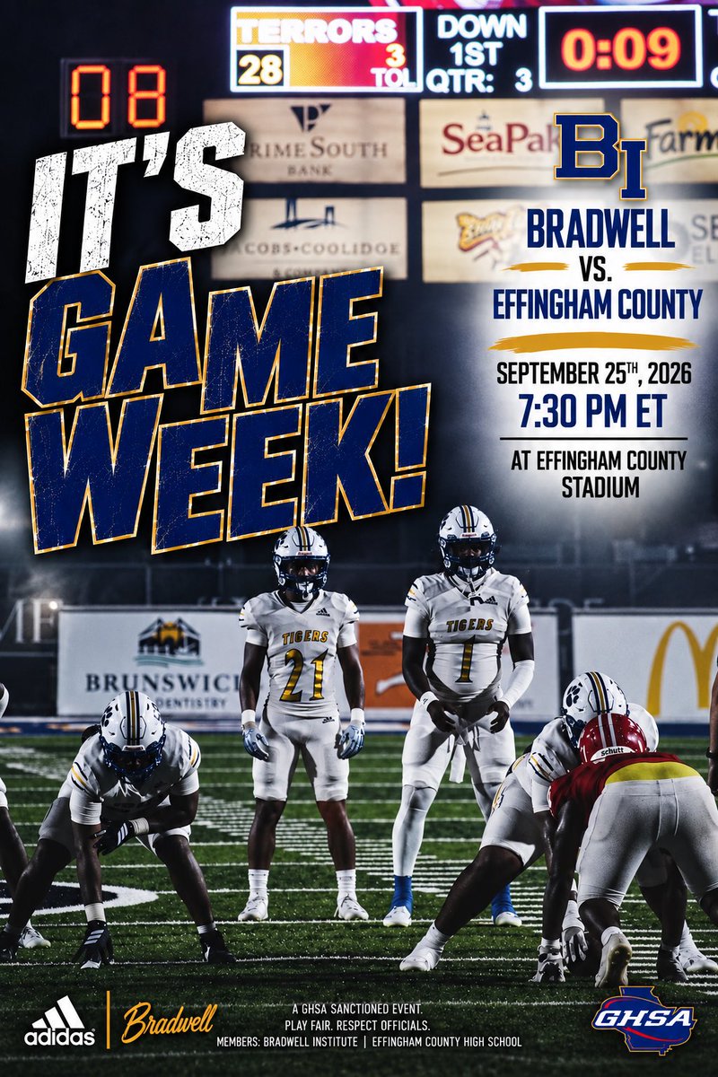 BradwellTigerz's tweet photo. Friday nights are earned Monday through Thursday.
The Tigers are ready.
🐅 Bradwell vs. Effingham County
📅 September 25
⏰ 7:30 PM
📍 Effingham County Stadium
Time to make a statement.
#TigerNation #OneTeamOneMission #BradwellFootball https://t.co/BKBbG5VAAU