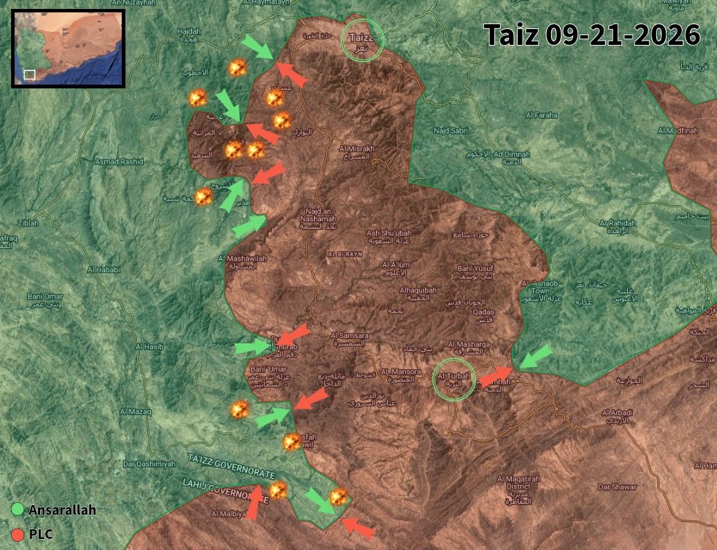 DropSiteNews's tweet photo. 🇾🇪 NEW: The fighting on the Taiz front intensifies as battles ensue both southeast and west of Taiz city

Clashes have been ongoing for the two strategic mountains of Jabal Habashi and Jabal Han directly west of Taiz city. These two mountains form the western highland front that allow defenders to protect the Al-Dabab road which connects Taiz city to Aden and the southern provinces. Saudi-backed forces in the area report of ceaseless mortar, drone and missile attacks coming from Ansarallah, while Saudi aviation has also intensified attacks on Ansarallah positions around the mountains. 

To the southeast, Ansarallah has reportedly begun pushing westward towards Al Turba with the hopes of cutting off the route to Aden from the south. At the moment, progress is slow and the fighting remains ongoing along the contact line.