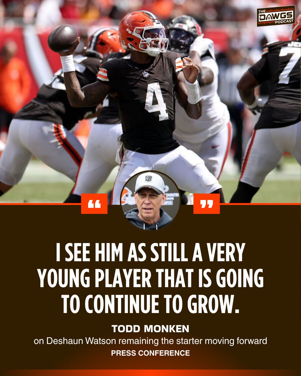thedawgspodcast's tweet photo. Todd Monken confirmed Deshaun Watson will be the starter in Week 3 and moving forward. 

"I see him as still a very young player that is going to continue to grow."

The problem for many Browns fans is that Watson is not a young player; he’s a 31-year old in his tenth year. The Browns gave up 3 first-round picks and $230 million, and the team has gotten nothing in return over four seasons. 

Even if Watson somehow puts together one complete season, it’s already too little too late for many people.