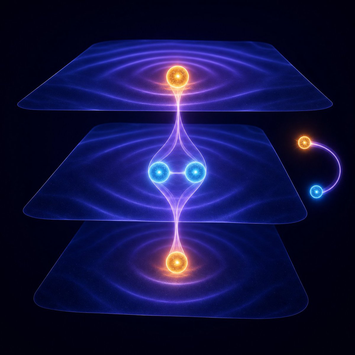 A 3D rendering of three stacked quantum Hall layers linked by a coherent anyon-exciton composite, with fractionalized quasiparticles following a curved path beside the layers.