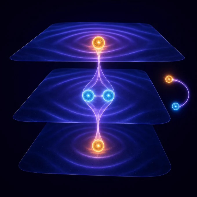 A 3D rendering of three stacked quantum Hall layers linked by a coherent anyon-exciton composite, with fractionalized quasiparticles following a curved path beside the layers.