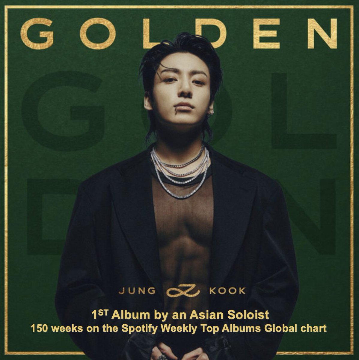 WORLDMUSICAWARD's tweet photo. #JUNGKOOK's 'GOLDEN' is the 1ST Album by an Asian Solo Artist in history to spend 150 weeks on Spotify's Weekly Top Albums Global Chart!💪🥇📀✖️🌏🧑‍🎤📈ᯤ📅🔝💿🌎✖️1⃣5⃣0⃣📅🐐👑🖤💜

HISTORY MAKER JUNGKOOK 
#HistoryMakerJungkook 
#JungKook_GOLDEN 
#JUNGKOOK #정국 #GOLDEN 
@BTS_twt https://t.co/lqEDdkTGIx