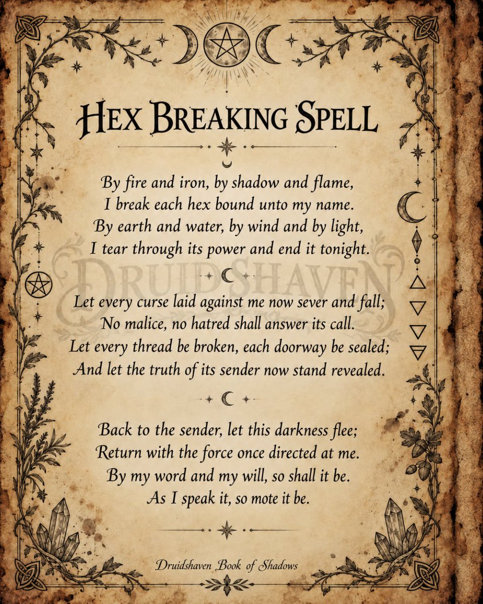 Druidshaven's tweet photo. Hex breaking is not about fear.

It is about boundaries.

Break the thread.
Seal the doorway.
Return to yourself.
Your energy is yours to protect.
#Witchcraft #ProtectionMagic https://t.co/mTWJVjmPAd