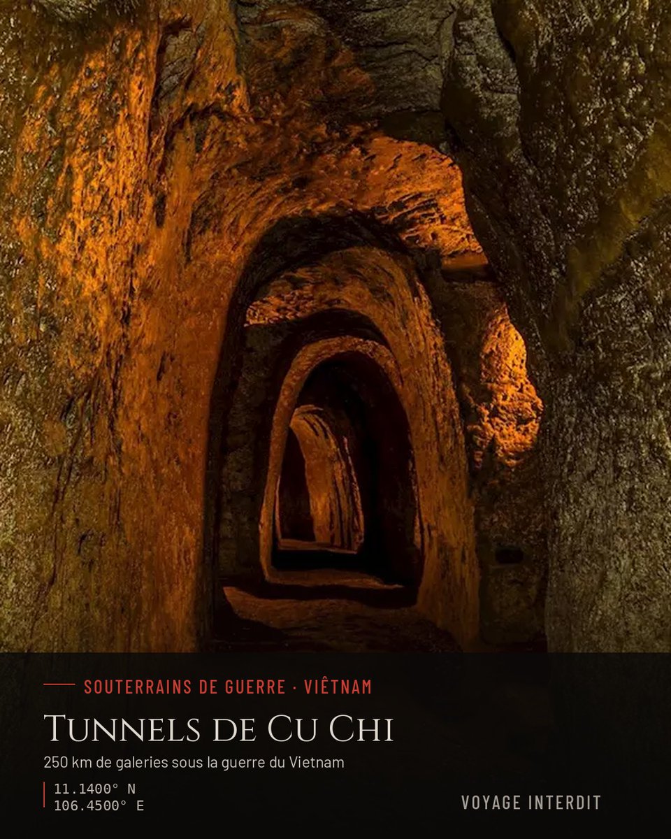 VoyageInterdit's tweet photo. 🕳️ Un véritable village souterrain, avec ses hôpitaux, ses cuisines et ses dortoirs, creusé à la main sous les rizières vietnamiennes.

Construit dès les années 1940 et considérablement étendu pendant la guerre du Vietnam, le réseau de tunnels de Cu Chi s'étend sur environ 250 km à quelques dizaines de kilomètres de Saïgon. Les combattants vietcong y vivaient parfois pendant des semaines entières, à l'abri des bombardements américains, se déplaçant dans des galeries si étroites qu'elles obligeaient à ramper.

Aujourd'hui transformé en site touristique, une partie du réseau a même été élargie pour permettre aux visiteurs occidentaux de s'y glisser à leur tour et de ressentir, l'espace de quelques mètres, ce que fut la vie sous terre pendant la guerre.

Oseriez-vous vous y aventurer ? 👇

📍 Tunnels de Cu Chi, près de Hô-Chi-Minh-Ville, Viêtnam

🔗 Récit complet sur https://t.co/X5hCWmcIG2 (lien en bio)

#TunnelsDeCuChi #CuChi #Vietnam #GuerreDuVietnam #DarkTourism #TourismeDeMémoire #VoyageInterdit #HistoireMilitaire #SouterrainsDeGuerre #Vietcong #HistoireInsolite #PatrimoineDeGuerre #AsieDuSudEst #ExplorationSouterraine #HistoireDuMonde #VisiterLeVietnam #HoChiMinhVille #MémoireDeGuerre #TourismeInsolite #VietnamInsolite