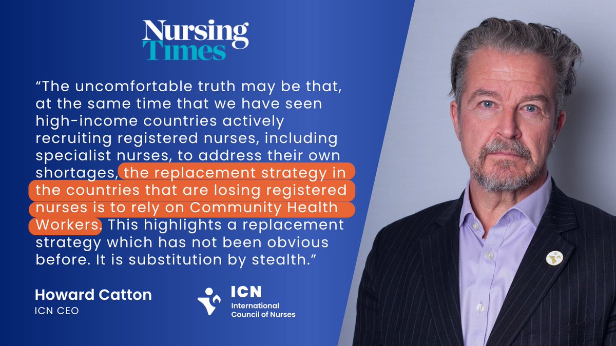 ICNurses's tweet photo. A new global study published in @TheLancetPH has raised concerns that Community Health Workers could increasingly be used as a lower-cost substitute for registered nurses.
Speaking to @NursingTimes about the findings, ICN CEO @HowardCatton stressed that Community Health Workers are "hugely valuable and important." However, he emphasized that they should complement registered nurses and other healthcare professionals, not replace them.
🔗 Read more: https://t.co/JCDvIp4d8J