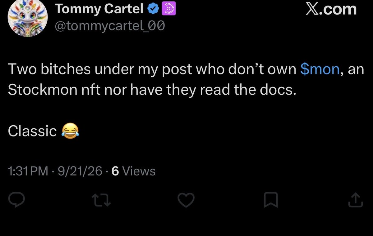 _bandalorian_'s tweet photo. This clown blocked me for calling out his scam $mon @stockmonrh 0x7c646A41572B441527169C576ef0c0A40c667777
devs a larp and you’re the devs alt. fwiw I own both the token and an NFT because I was suckered in a month ago. will dump at the first sign of any positive pa/momentum. https://t.co/nvlq2ot4WA
