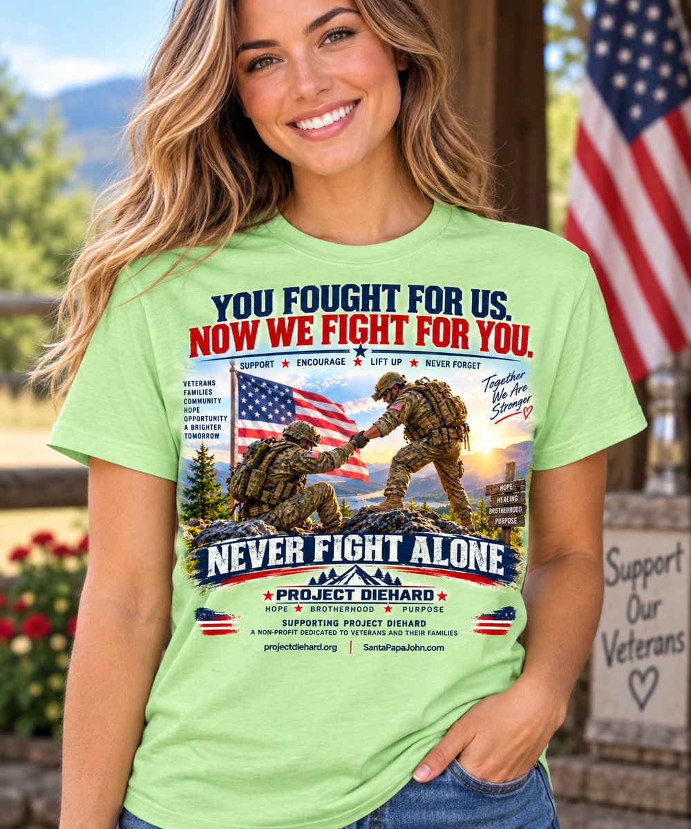santapapajohn's tweet photo. NON-PROFIT Fundraiser
Never Fight Alone T-Shirt — Project Diehard Veteran Support
You fought for us. Now we fight for you.
This powerful design honors the bond between veterans and the community that stands behind them. Two soldiers grip hands in a battlefield fist bump atop a https://t.co/eNqWvktcRN