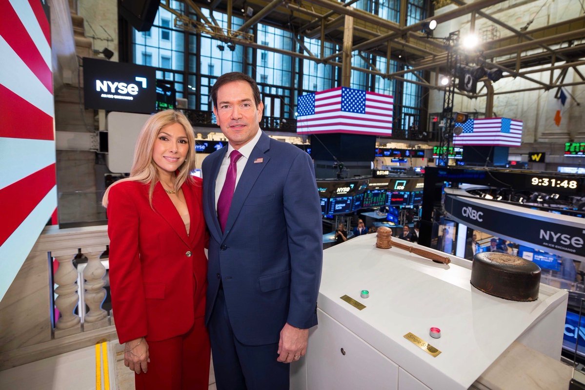 StateDept's tweet photo. Secretary Rubio &amp; Mrs. Rubio at the New York Stock Exchange in New York. https://t.co/2EekYiRwMn
