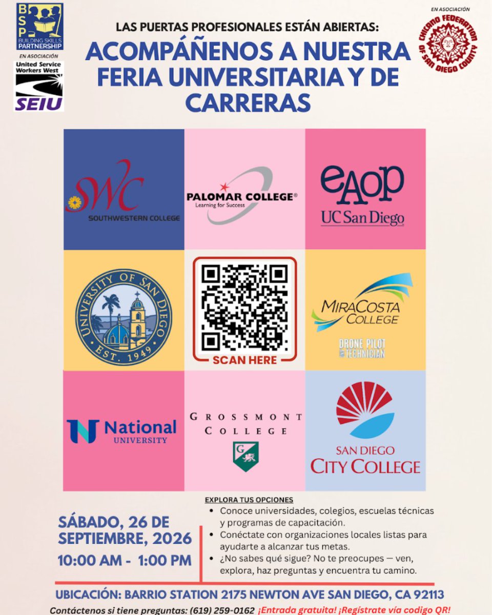 Building_Skills's tweet photo. We are excited to invite families & students to attend our upcoming College & Career Fair, scheduled for Saturday, September 26th, in partnership with the Chicano Federation! This event is a valuable opportunity for students to explore college options and career pathways and connect with local organizations dedicated to supporting their future success. 

Event Details:
Date: Saturday, September 26, 2026  
Location: Barrio Station Resource Center, 2175 Newton Ave., San Diego, CA 92113 

Participation Free: https://t.co/wys4tGcI2Z

The event will feature a variety of colleges, trade schools, and career organizations offering resources, information, and guidance.
We are asking families interested in joining to sign up to provide us with a head count. 😁

#BSPCollegeCareerFair