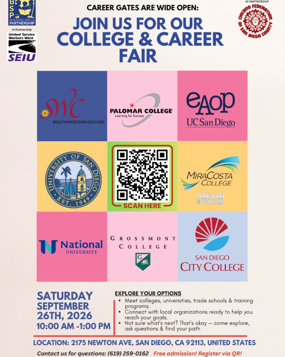 Building_Skills's tweet photo. We are excited to invite families & students to attend our upcoming College & Career Fair, scheduled for Saturday, September 26th, in partnership with the Chicano Federation! This event is a valuable opportunity for students to explore college options and career pathways and connect with local organizations dedicated to supporting their future success. 

Event Details:
Date: Saturday, September 26, 2026  
Location: Barrio Station Resource Center, 2175 Newton Ave., San Diego, CA 92113 

Participation Free: https://t.co/wys4tGcI2Z

The event will feature a variety of colleges, trade schools, and career organizations offering resources, information, and guidance.
We are asking families interested in joining to sign up to provide us with a head count. 😁

#BSPCollegeCareerFair