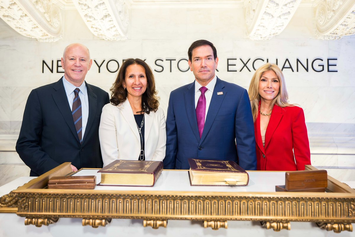 NYSE's tweet photo. At the intersection of diplomacy and public policy in our global economy stands NYSE.

We proudly kicked off the 81st @UN General Assembly with U.S. Secretary of State @marcorubio. The U.S. Department of State opened the markets with @ICE_Markets Chair, CEO and Founder Jeff Sprecher, NYSE President @lynnmartin, and leaders of the NYSE listed community.

 #UNGA | @SecRubio