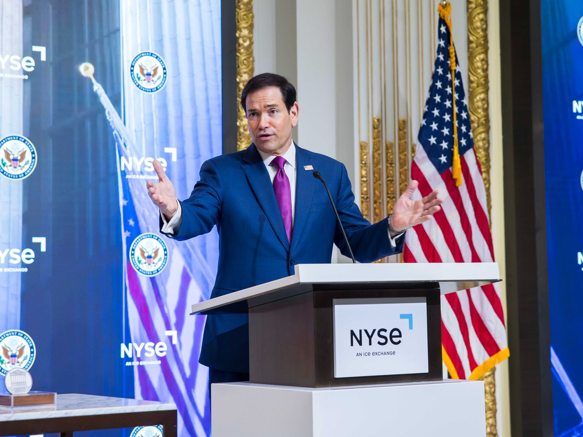 NYSE's tweet photo. At the intersection of diplomacy and public policy in our global economy stands NYSE.

We proudly kicked off the 81st @UN General Assembly with U.S. Secretary of State @marcorubio. The U.S. Department of State opened the markets with @ICE_Markets Chair, CEO and Founder Jeff Sprecher, NYSE President @lynnmartin, and leaders of the NYSE listed community.

 #UNGA | @SecRubio