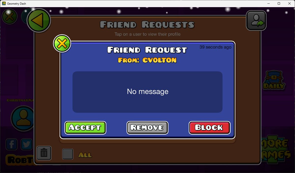 Misabr0penguin's tweet photo. As of today, DMs have been fully disabled for non-friends and Friend Requests can no longer contain messages. This appears to be part of the effort to improve child safety on Geometry Dash. https://t.co/eot0WOinj8