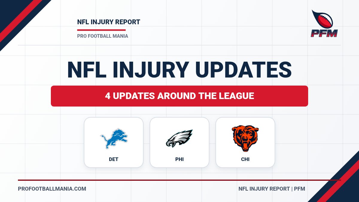pfmfootball's tweet photo. NFL injury updates from PFM:
• Avonte Maddox: foot
• Saquon Barkley: stinger
• Dallas Goedert: knee
+ Caleb Williams: hamstring 

NFL Injury Tracker: https://t.co/7LLJZ6Cvlf https://t.co/H3RPUkINWb